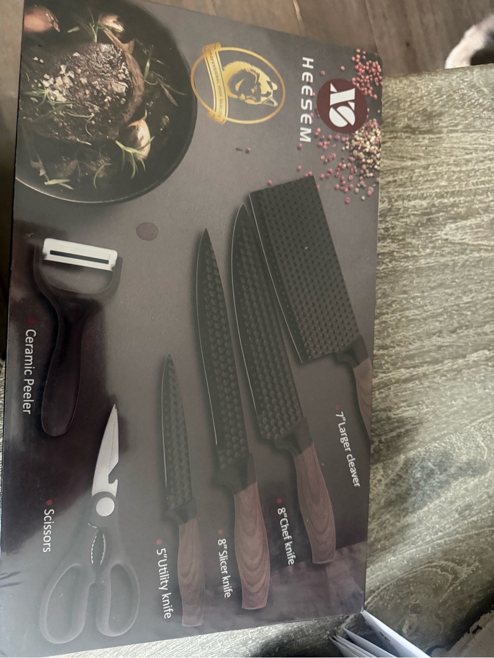 7-Piece Serveware Knife Set with Brown Handles - Black Blades